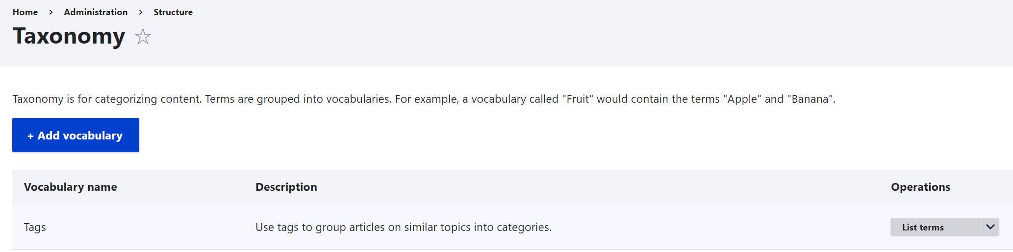 screen shot showing the Drupal taxonomy