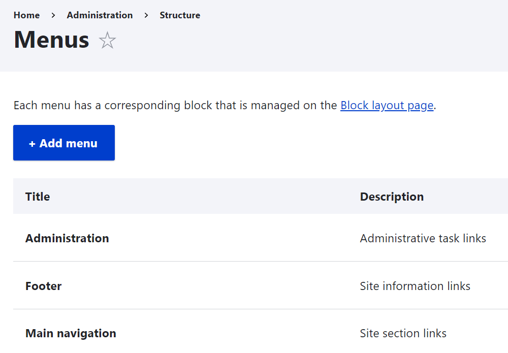 Screen shot Drupal maintain menu
