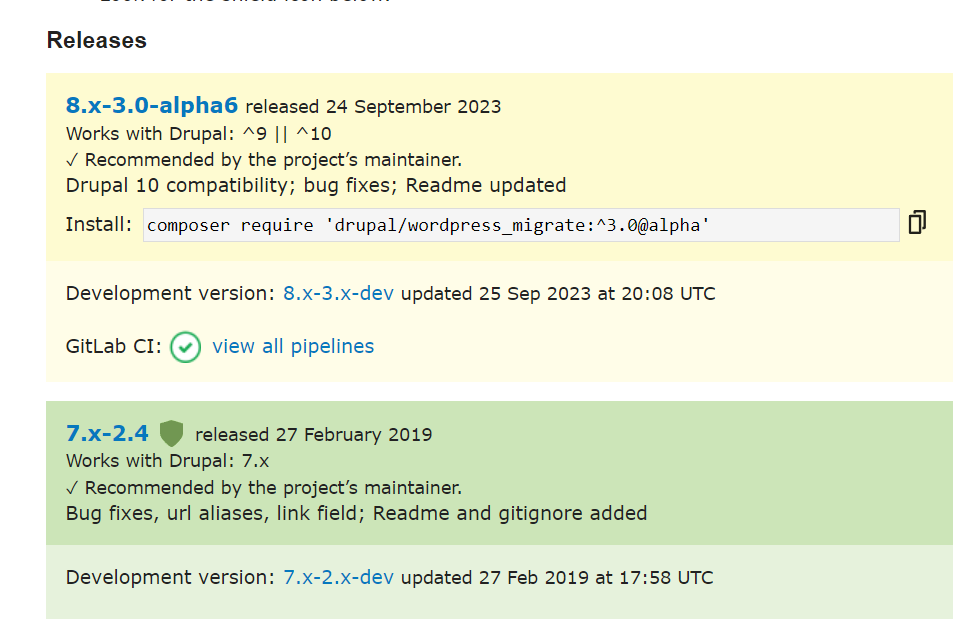 Screen shot showing the releases