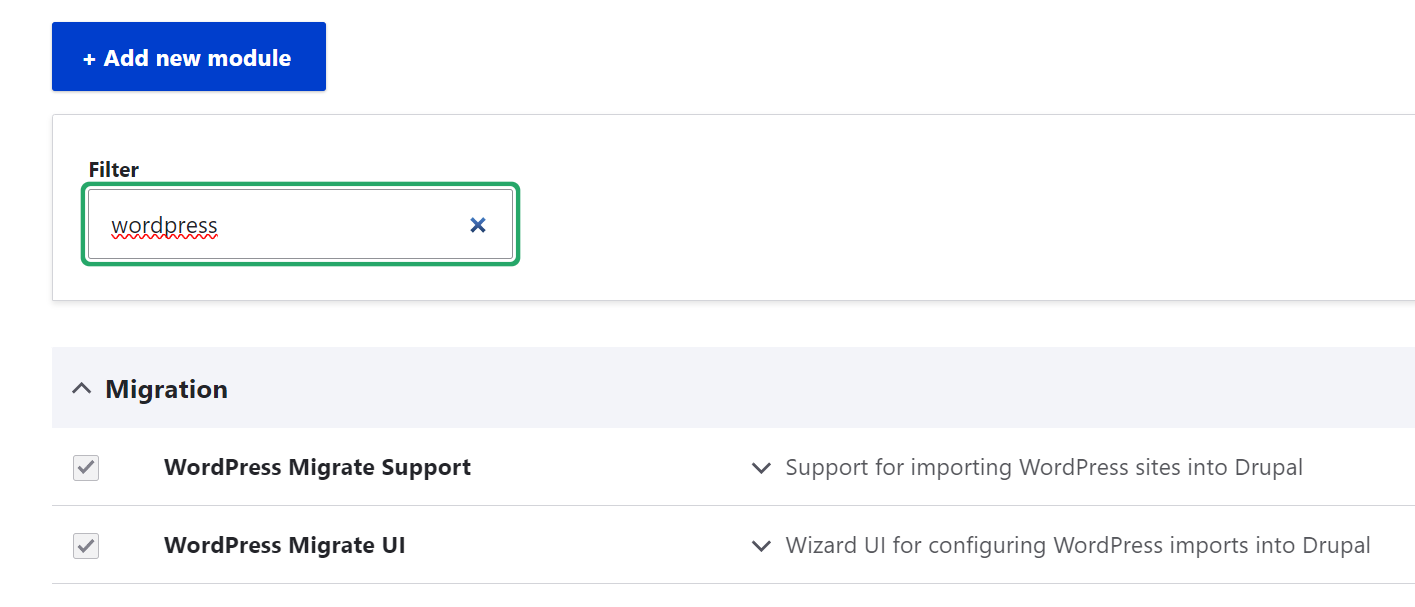screen shot showing the new wordpress modules