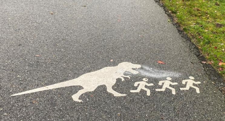 Photo of walking path with dinosaur printed on it